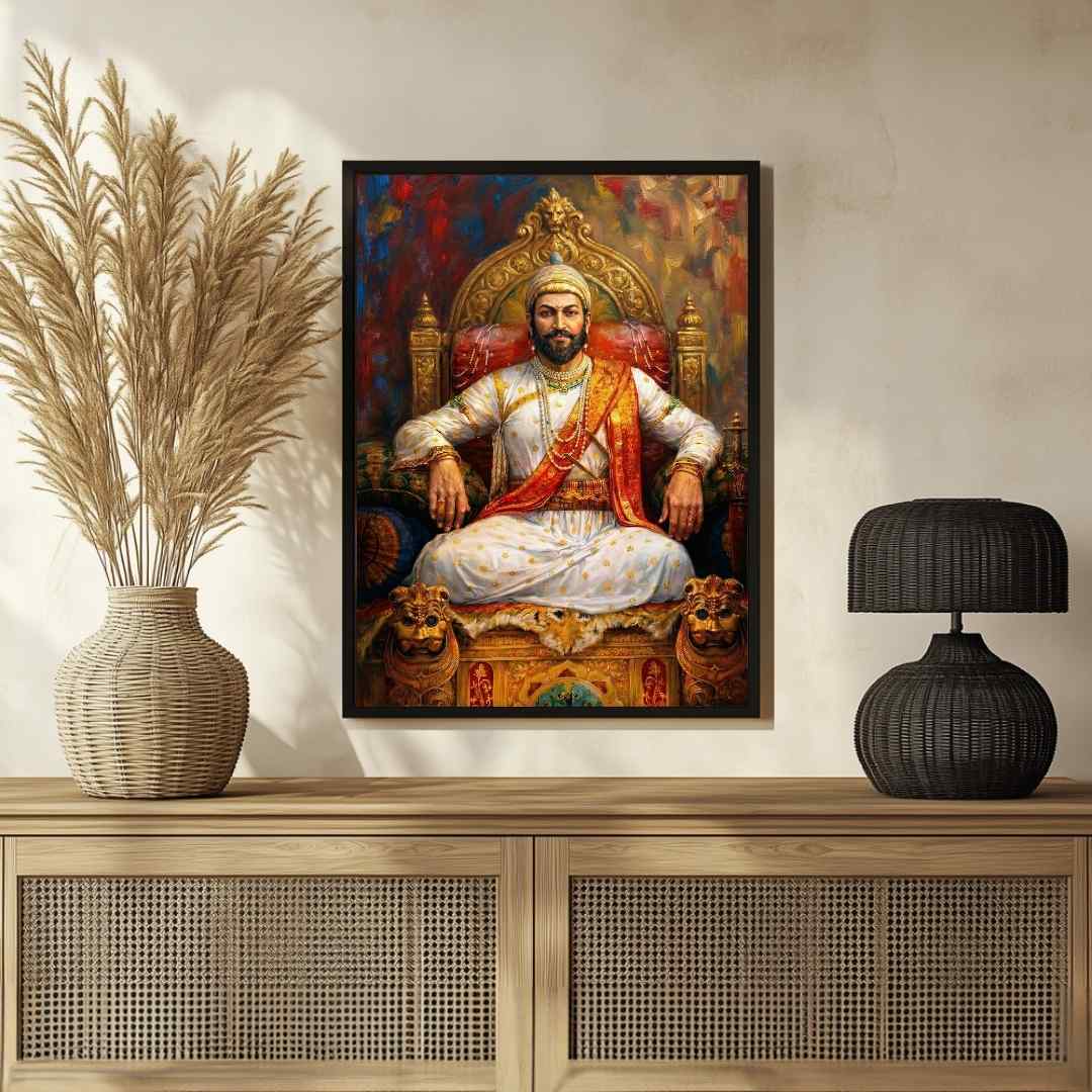 Regal Chhatrapati Shivaji Maharaj Throne Portrait | Edge-to-Edge Impasto Oil Painting Print 2 : 3 Vertical Premium Wall Art Canvas by MeriDeewar