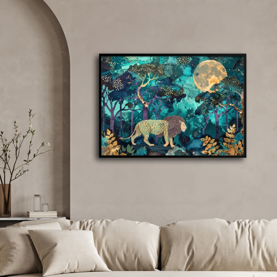 Regal Forest Walk — Lion in Golden Moonlight Wall Art 2 : 3 Horizontal Premium Wall Art Canvas by MeriDeewar
