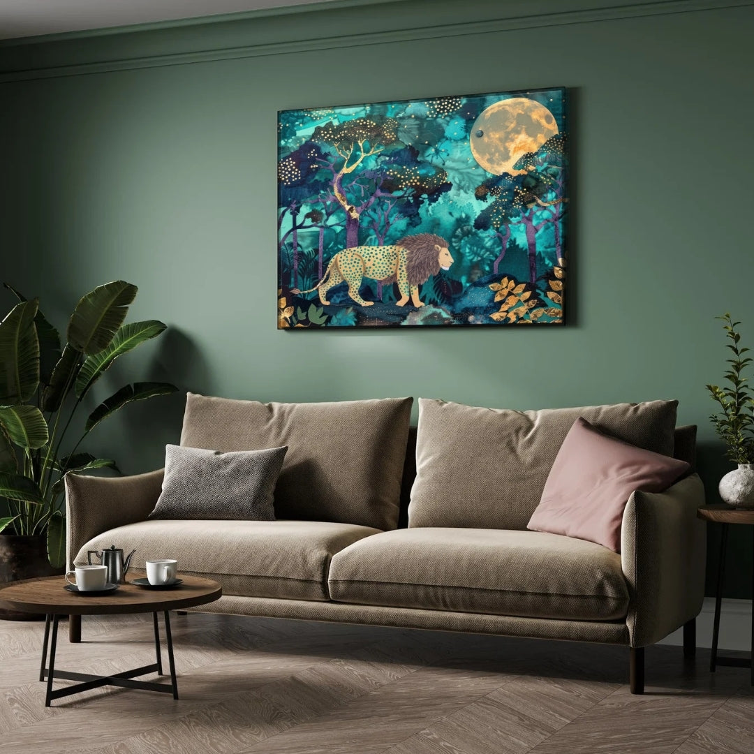 Regal Forest Walk — Lion in Golden Moonlight Wall Art 2 : 3 Horizontal Premium Wall Art Canvas by MeriDeewar