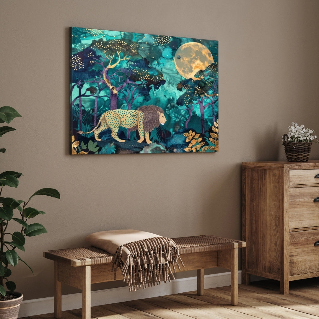 Regal Forest Walk — Lion in Golden Moonlight Wall Art 2 : 3 Horizontal Premium Wall Art Canvas by MeriDeewar