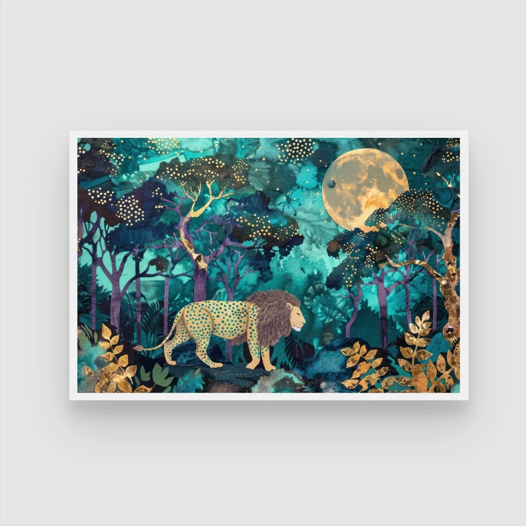 Regal Forest Walk — Lion in Golden Moonlight Wall Art 2 : 3 Horizontal Premium Wall Art Canvas by MeriDeewar