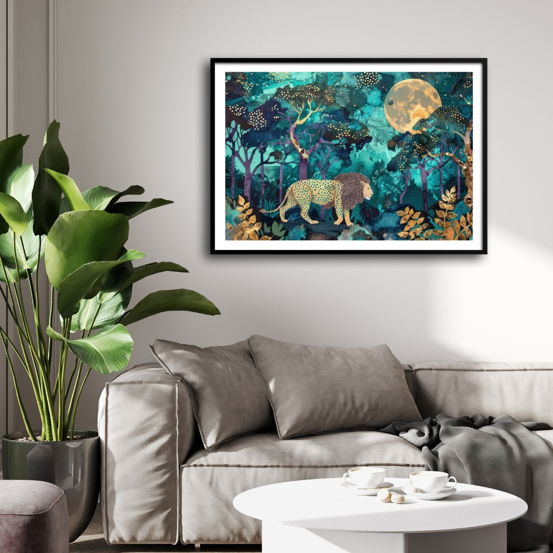 Regal Forest Walk — Lion in Golden Moonlight Wall Art 2 : 3 Horizontal Premium Wall Art Canvas by MeriDeewar