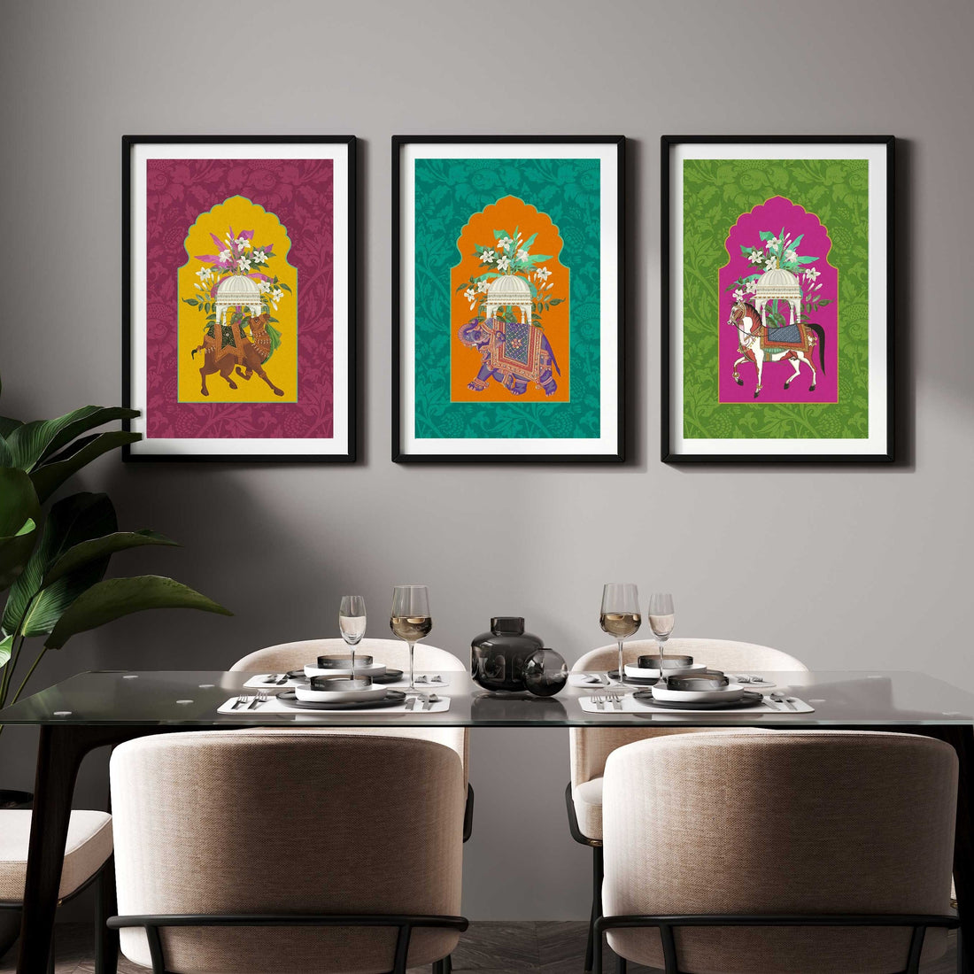 Regal India – 3-Piece Royal Elephant & Horse Art Set Walls Premium Wall Art Canvas by MeriDeewar