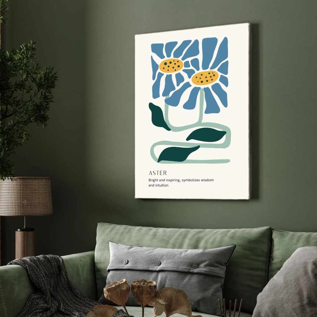 Retro Abstract Aster Botanical Poster | Blue & Mint Framed Print 2 : 3 Vertical Premium Wall Art Canvas by MeriDeewar