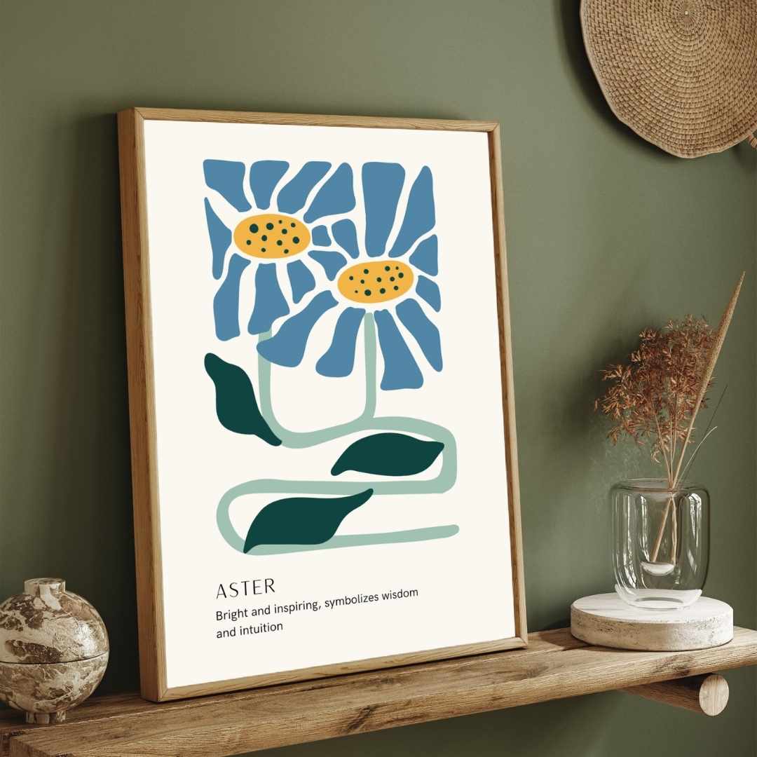 Retro Abstract Aster Botanical Poster | Blue & Mint Framed Print 2 : 3 Vertical Premium Wall Art Canvas by MeriDeewar