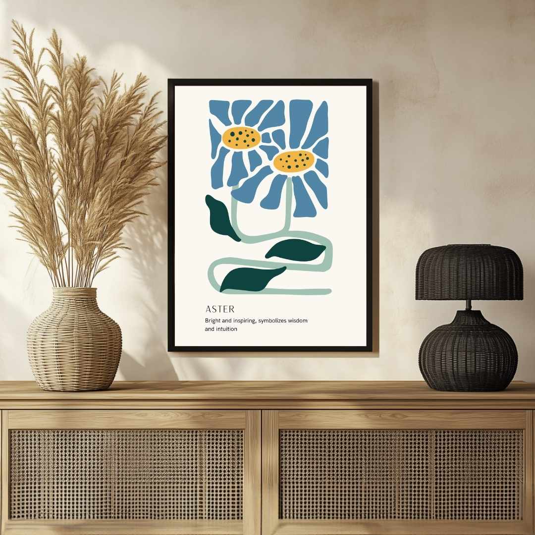 Retro Abstract Aster Botanical Poster | Blue & Mint Framed Print 2 : 3 Vertical Premium Wall Art Canvas by MeriDeewar