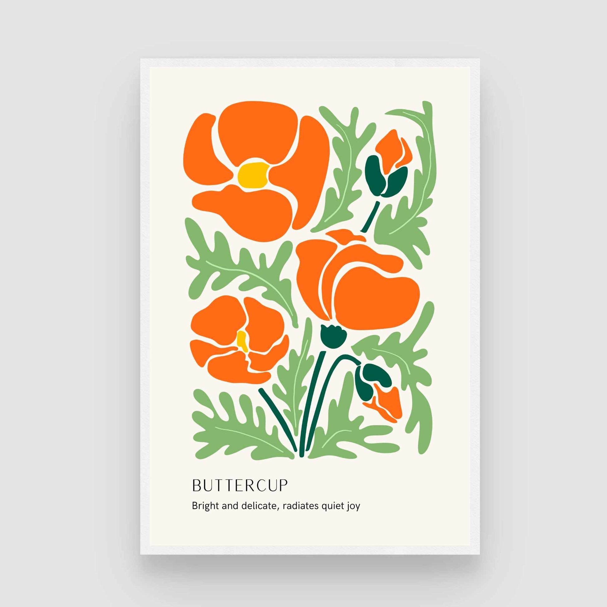 Retro Abstract Buttercup Botanical Poster | Bright Orange Framed Print 2 : 3 Vertical Premium Wall Art Canvas by MeriDeewar
