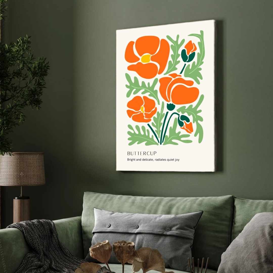 Retro Abstract Buttercup Botanical Poster | Bright Orange Framed Print 2 : 3 Vertical Premium Wall Art Canvas by MeriDeewar