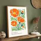 Retro Abstract Buttercup Botanical Poster | Bright Orange Framed Print 2 : 3 Vertical Premium Wall Art Canvas by MeriDeewar