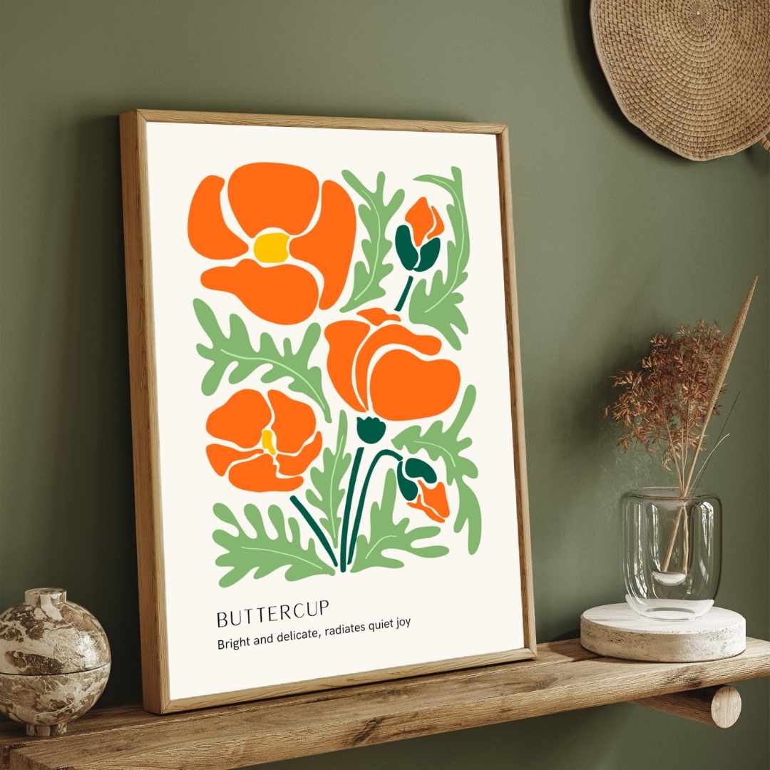 Retro Abstract Buttercup Botanical Poster | Bright Orange Framed Print 2 : 3 Vertical Premium Wall Art Canvas by MeriDeewar