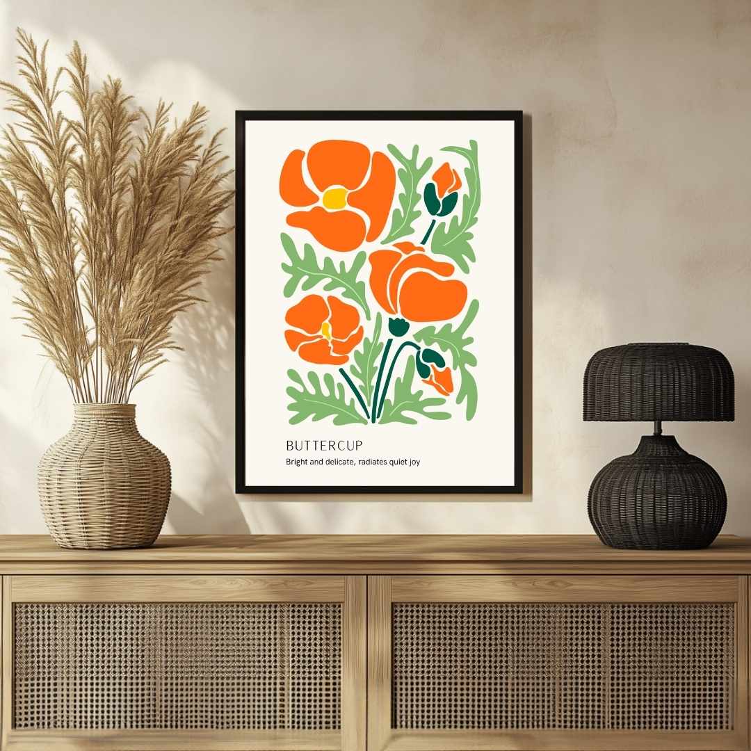Retro Abstract Buttercup Botanical Poster | Bright Orange Framed Print 2 : 3 Vertical Premium Wall Art Canvas by MeriDeewar