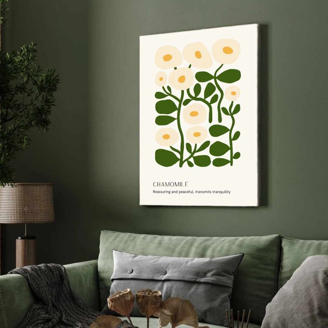 Retro Abstract Chamomile Botanical Poster | Cream & Green Framed Print 2 : 3 Vertical Premium Wall Art Canvas by MeriDeewar