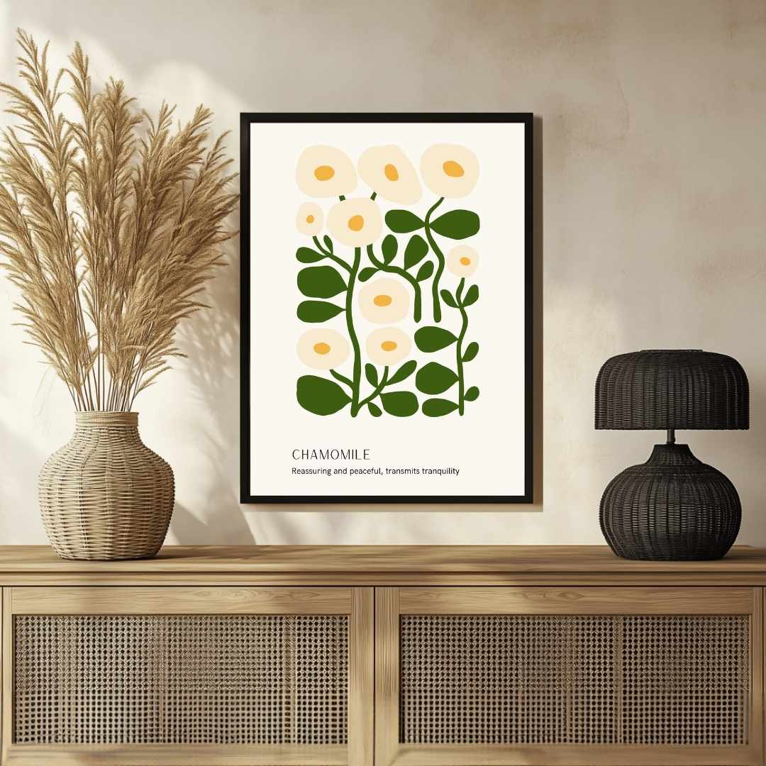 Retro Abstract Chamomile Botanical Poster | Cream & Green Framed Print 2 : 3 Vertical Premium Wall Art Canvas by MeriDeewar