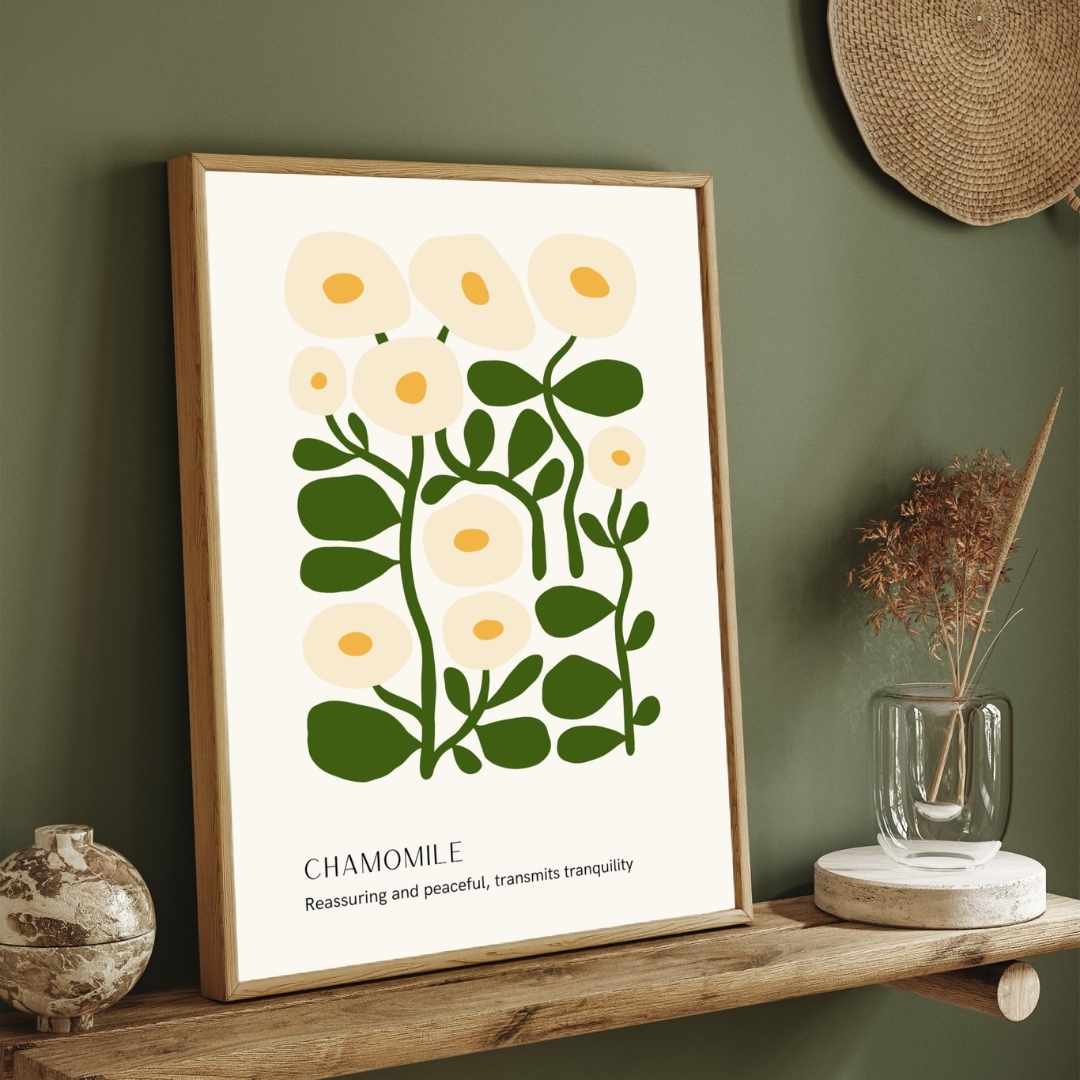 Retro Abstract Chamomile Botanical Poster | Cream & Green Framed Print 2 : 3 Vertical Premium Wall Art Canvas by MeriDeewar