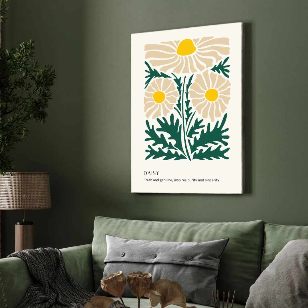Retro Abstract Daisy Botanical Poster | Cream & Green Framed Print 2 : 3 Vertical Premium Wall Art Canvas by MeriDeewar