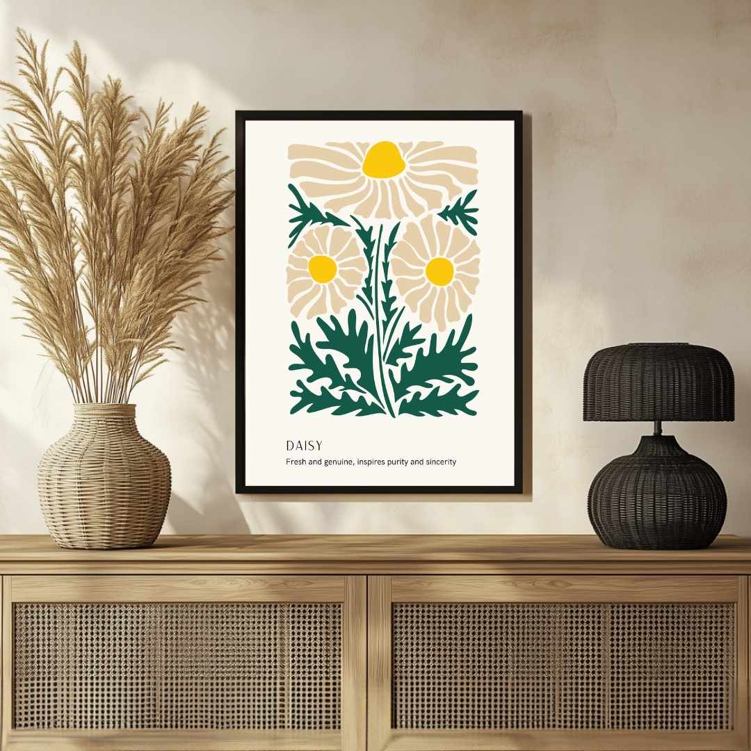 Retro Abstract Daisy Botanical Poster | Cream & Green Framed Print 2 : 3 Vertical Premium Wall Art Canvas by MeriDeewar