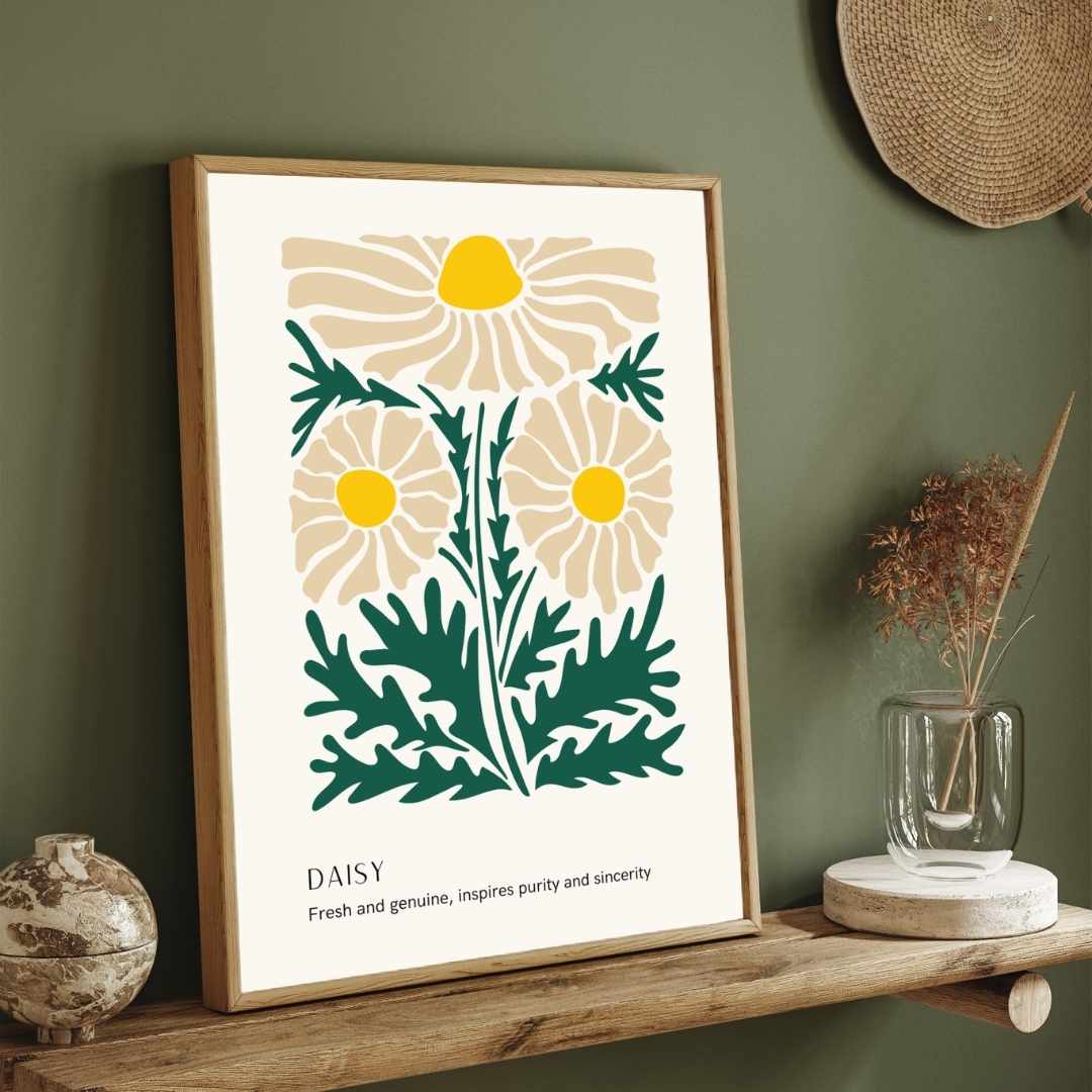Retro Abstract Daisy Botanical Poster | Cream & Green Framed Print 2 : 3 Vertical Premium Wall Art Canvas by MeriDeewar