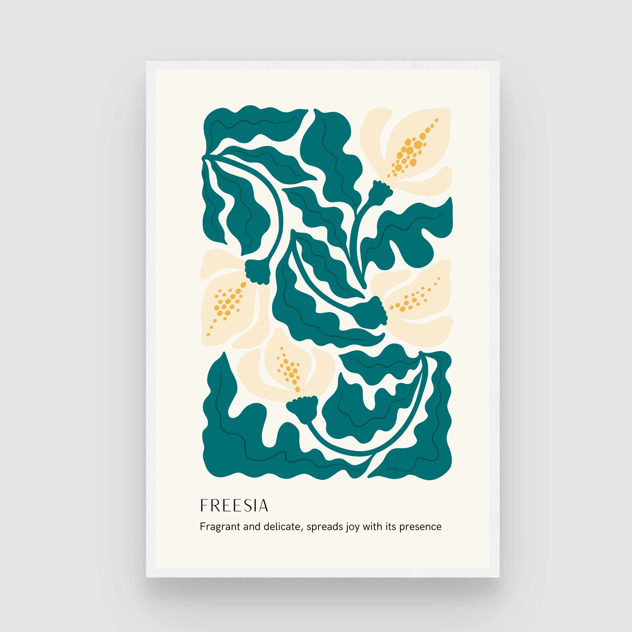 Retro Abstract Freesia Botanical Poster | Teal & Cream Framed Print 2 : 3 Vertical Premium Wall Art Canvas by MeriDeewar