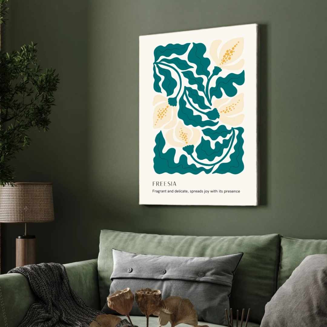 Retro Abstract Freesia Botanical Poster | Teal & Cream Framed Print 2 : 3 Vertical Premium Wall Art Canvas by MeriDeewar