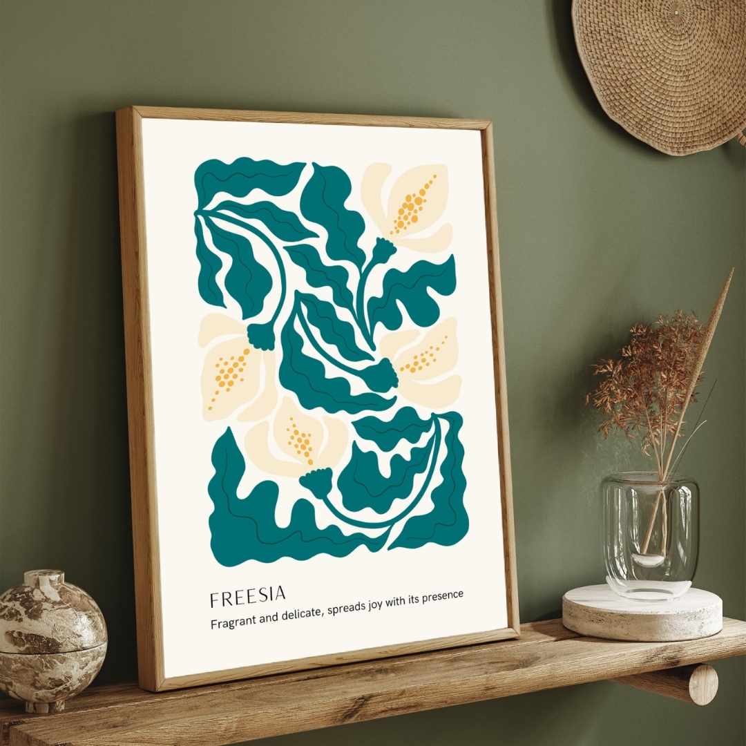 Retro Abstract Freesia Botanical Poster | Teal & Cream Framed Print 2 : 3 Vertical Premium Wall Art Canvas by MeriDeewar