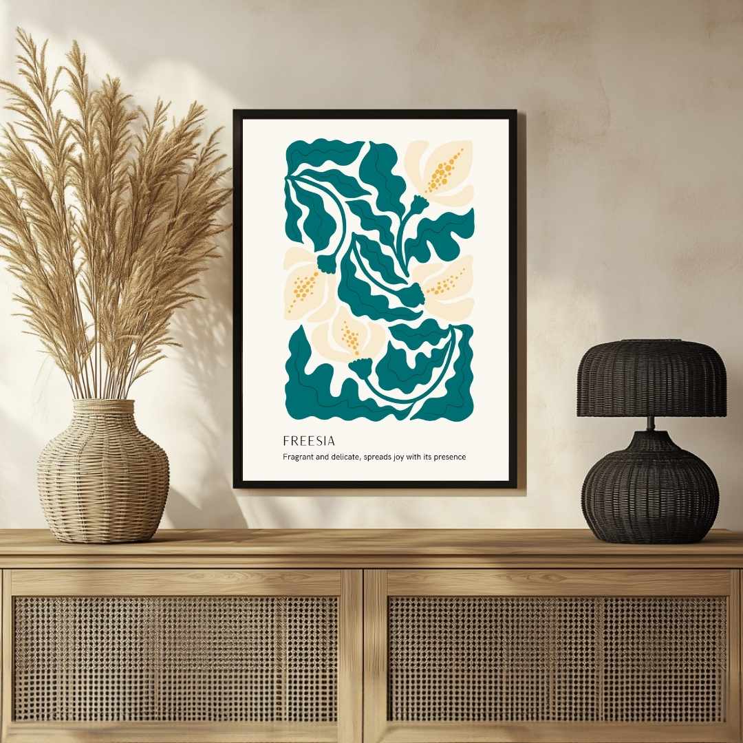 Retro Abstract Freesia Botanical Poster | Teal & Cream Framed Print 2 : 3 Vertical Premium Wall Art Canvas by MeriDeewar