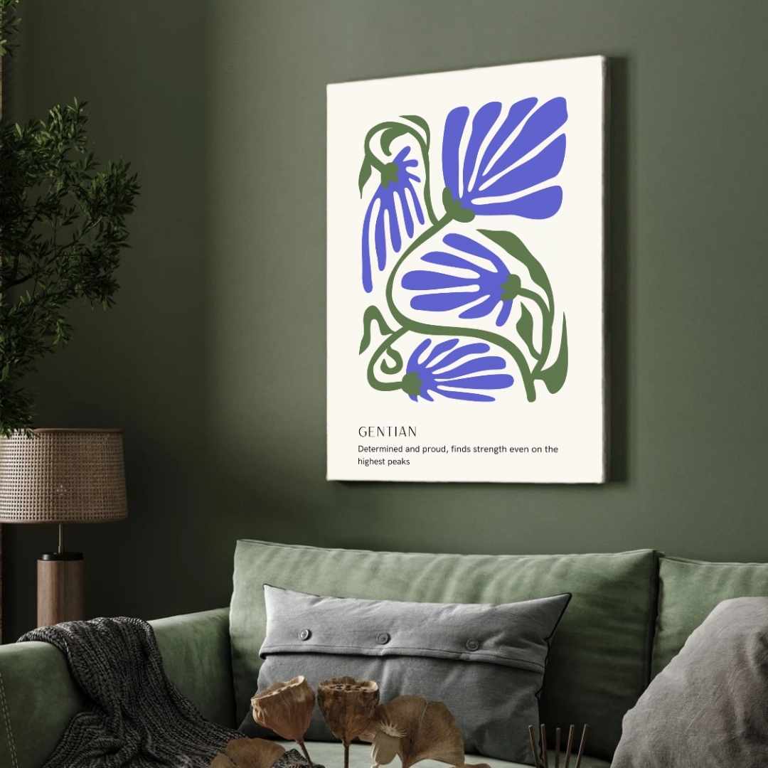 Retro Abstract Gentian Botanical Poster | Cool Blue Framed Print 2 : 3 Vertical Premium Wall Art Canvas by MeriDeewar