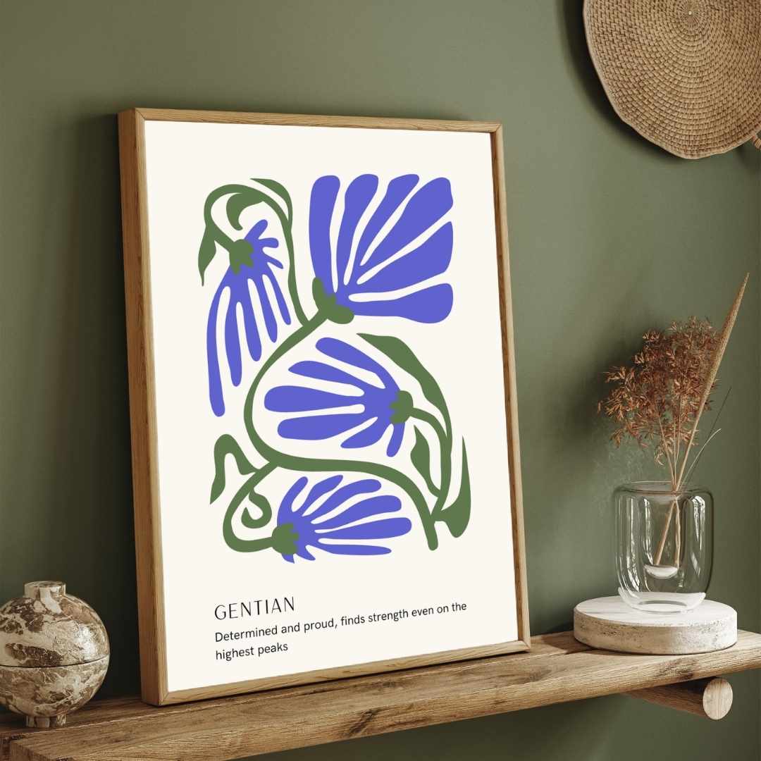 Retro Abstract Gentian Botanical Poster | Cool Blue Framed Print 2 : 3 Vertical Premium Wall Art Canvas by MeriDeewar