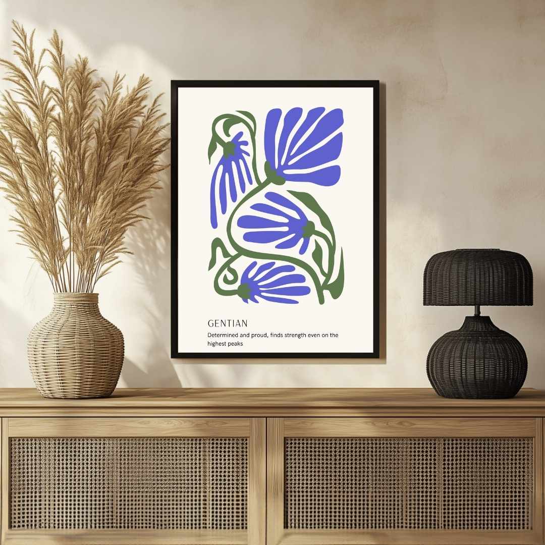 Retro Abstract Gentian Botanical Poster | Cool Blue Framed Print 2 : 3 Vertical Premium Wall Art Canvas by MeriDeewar