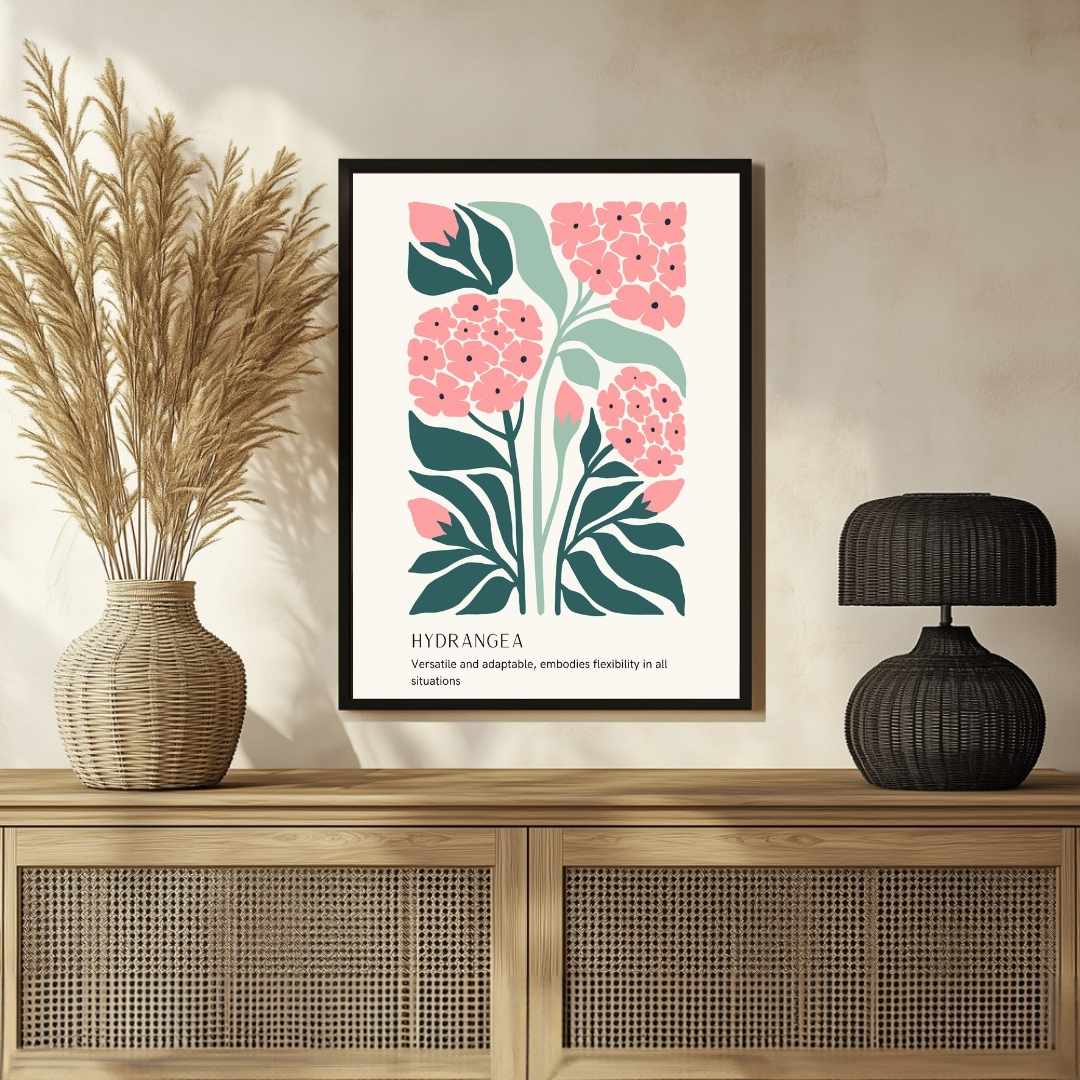 Retro Abstract Hydrangea Botanical Poster | Pink & Green Framed Print 2 : 3 Vertical Premium Wall Art Canvas by MeriDeewar