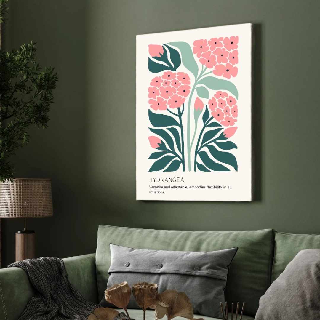 Retro Abstract Hydrangea Botanical Poster | Pink & Green Framed Print 2 : 3 Vertical Premium Wall Art Canvas by MeriDeewar