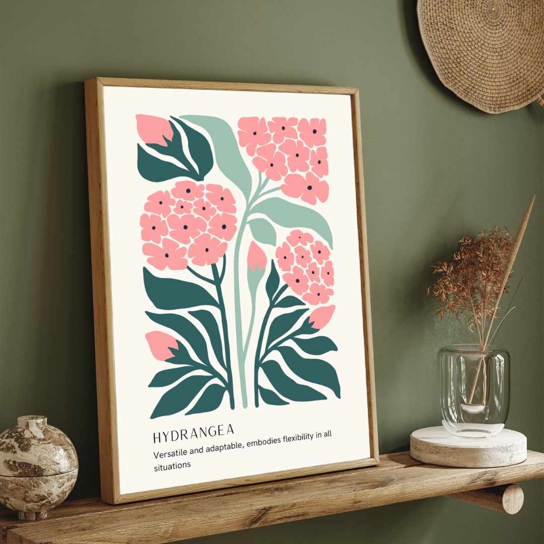 Retro Abstract Hydrangea Botanical Poster | Pink & Green Framed Print 2 : 3 Vertical Premium Wall Art Canvas by MeriDeewar