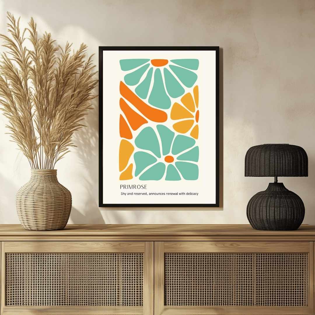 Retro Abstract Primrose Botanical Poster | Teal & Orange Framed Print 2 : 3 Vertical Premium Wall Art Canvas by MeriDeewar