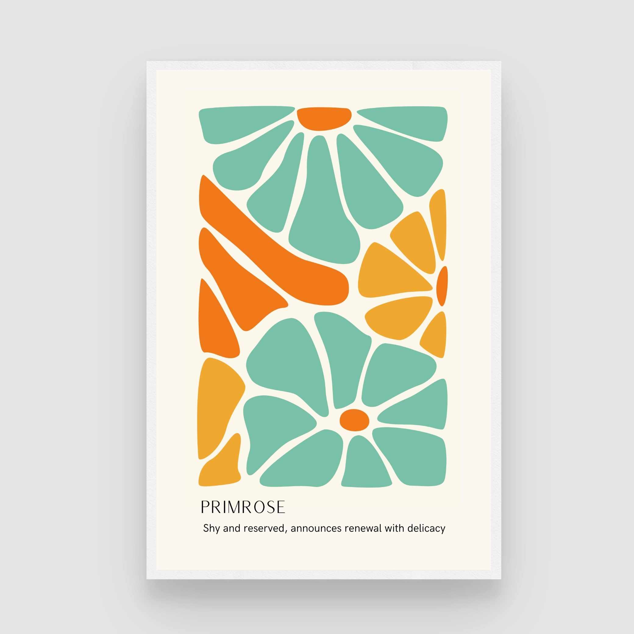 Retro Abstract Primrose Botanical Poster | Teal & Orange Framed Print 2 : 3 Vertical Premium Wall Art Canvas by MeriDeewar