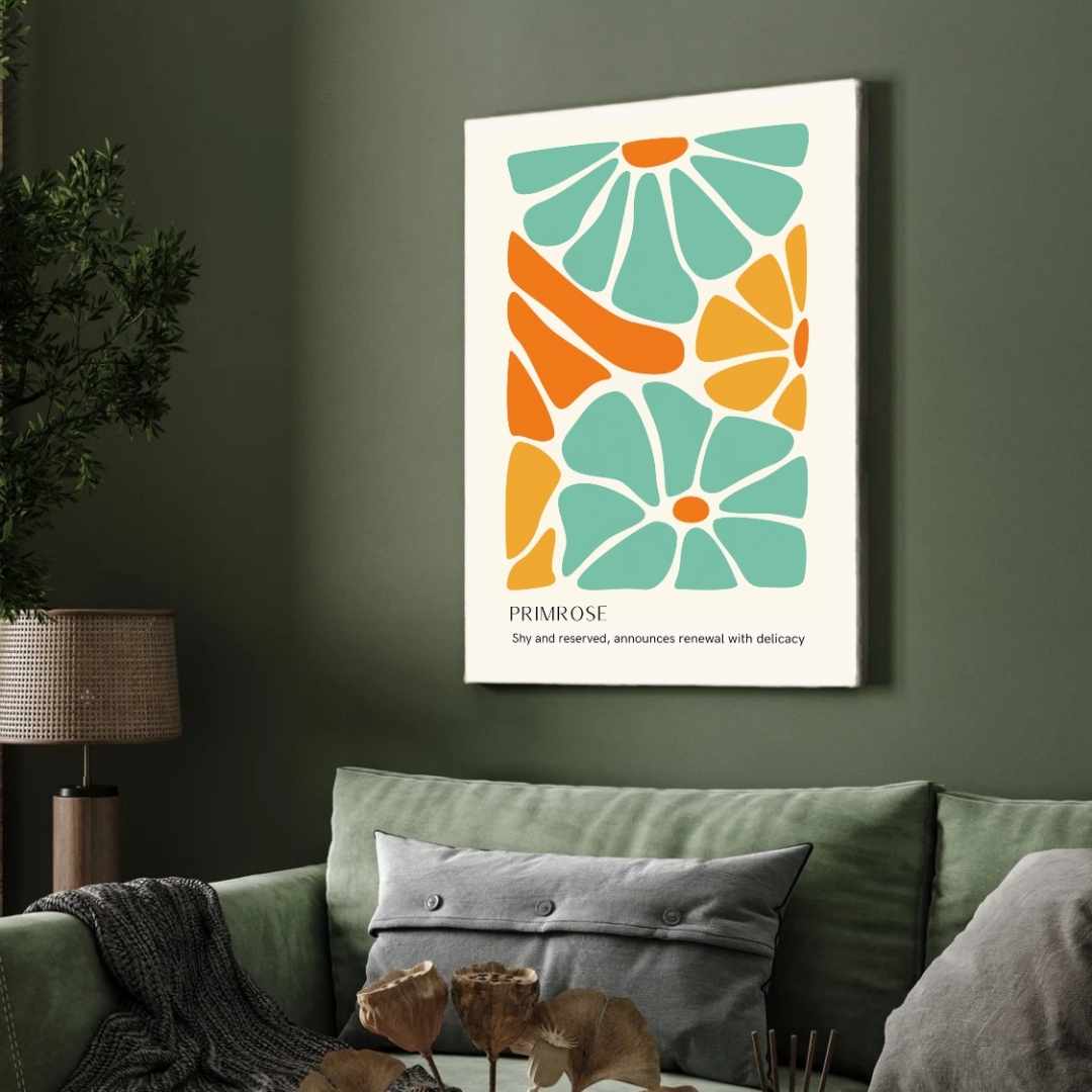 Retro Abstract Primrose Botanical Poster | Teal & Orange Framed Print 2 : 3 Vertical Premium Wall Art Canvas by MeriDeewar