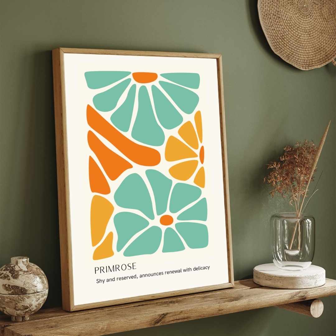 Retro Abstract Primrose Botanical Poster | Teal & Orange Framed Print 2 : 3 Vertical Premium Wall Art Canvas by MeriDeewar