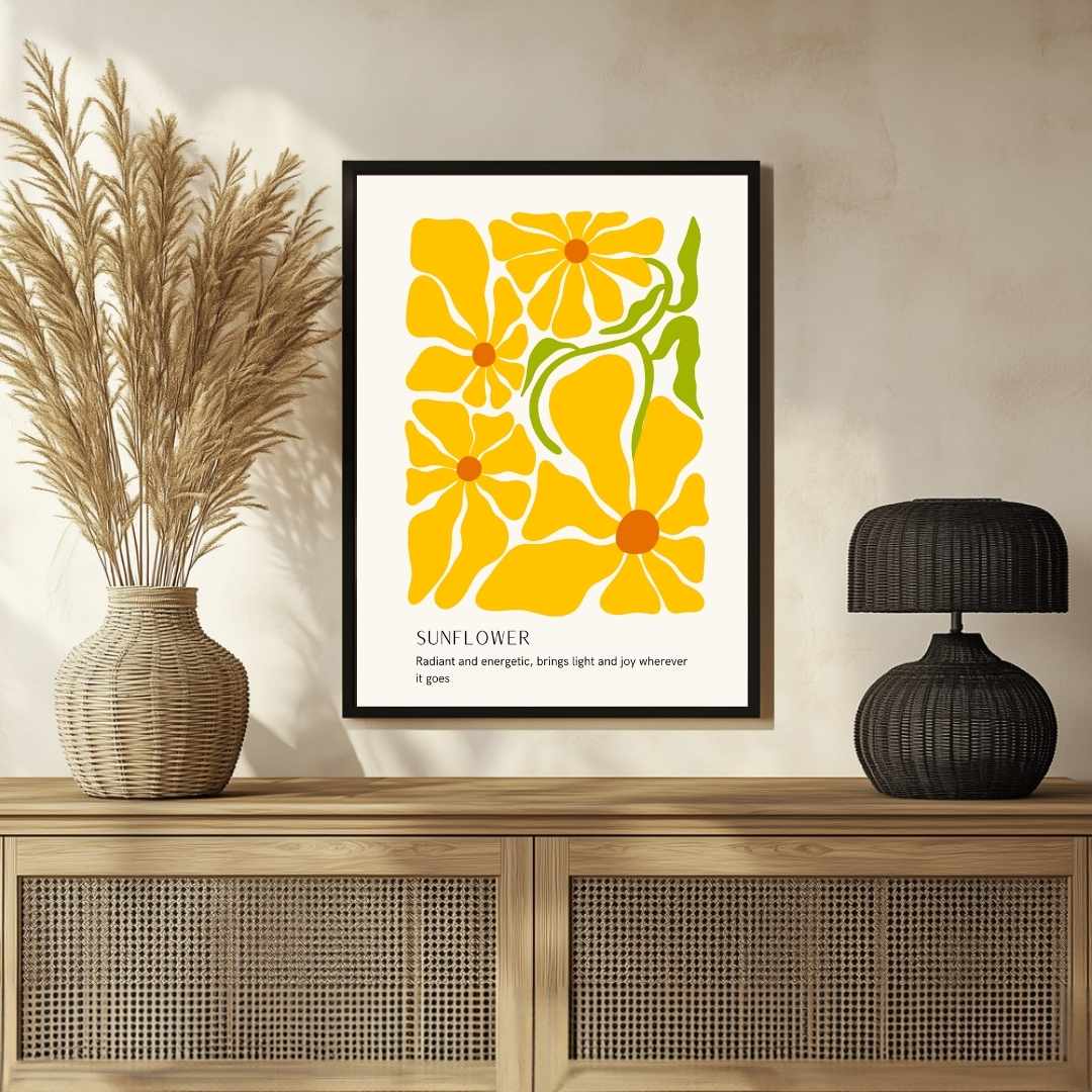 Retro Abstract Sunflower Botanical Poster | Bright Yellow Framed Print 2 : 3 Vertical Premium Wall Art Canvas by MeriDeewar