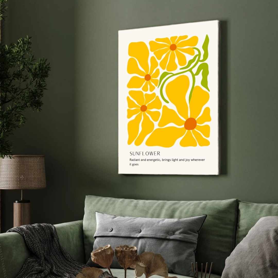 Retro Abstract Sunflower Botanical Poster | Bright Yellow Framed Print 2 : 3 Vertical Premium Wall Art Canvas by MeriDeewar