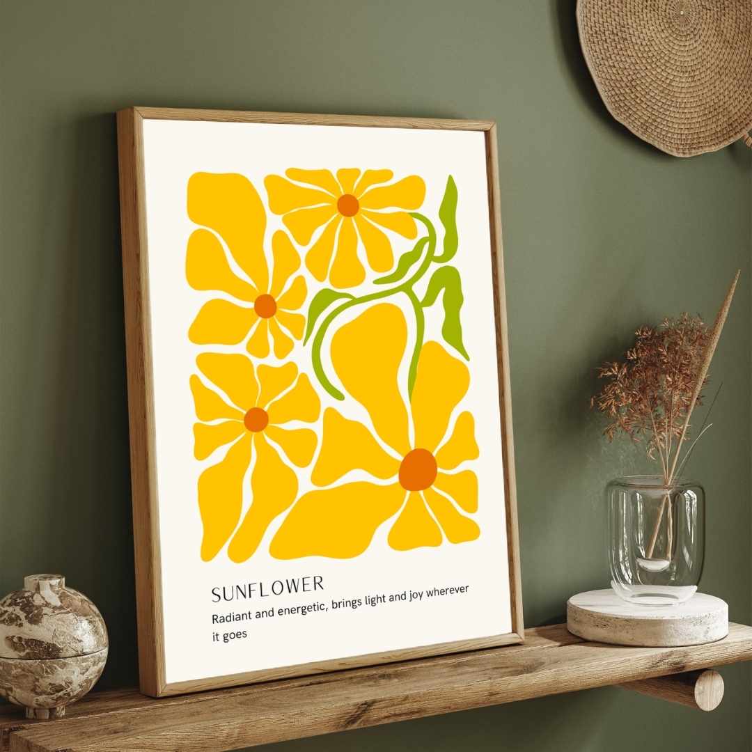 Retro Abstract Sunflower Botanical Poster | Bright Yellow Framed Print 2 : 3 Vertical Premium Wall Art Canvas by MeriDeewar