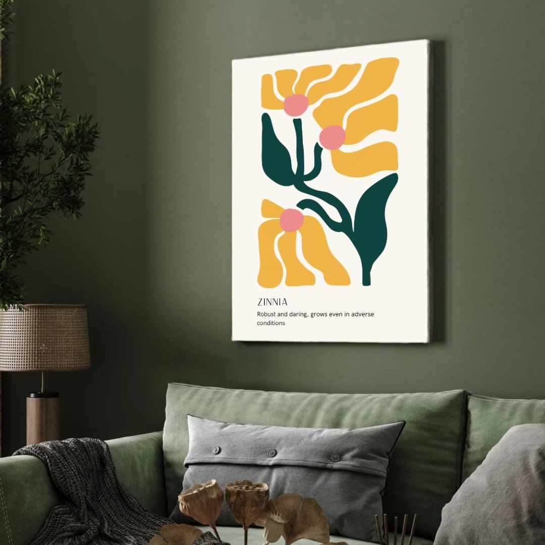 Retro Abstract Zinnia Botanical Poster | Yellow & Teal Framed Print 2 : 3 Vertical Premium Wall Art Canvas by MeriDeewar