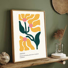 Retro Abstract Zinnia Botanical Poster | Yellow & Teal Framed Print 2 : 3 Vertical Premium Wall Art Canvas by MeriDeewar