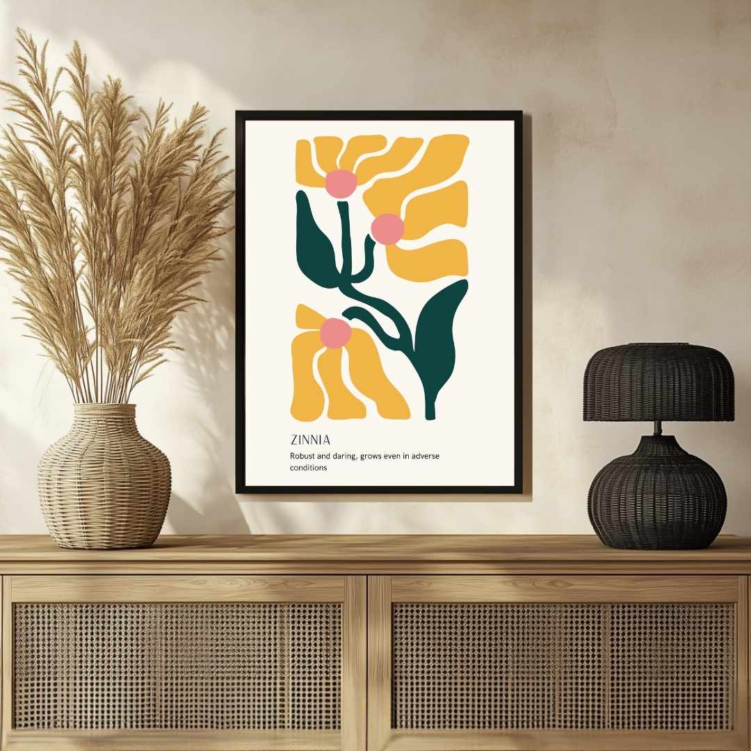 Retro Abstract Zinnia Botanical Poster | Yellow & Teal Framed Print 2 : 3 Vertical Premium Wall Art Canvas by MeriDeewar