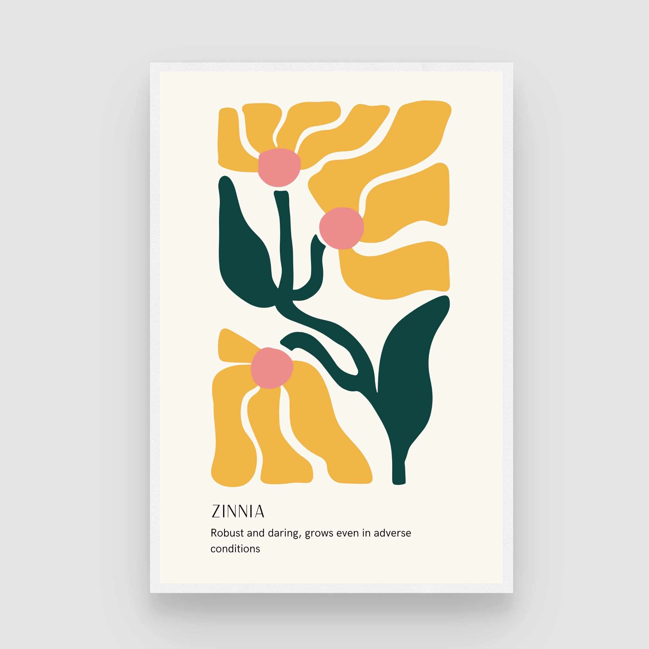 Retro Abstract Zinnia Botanical Poster | Yellow & Teal Framed Print 2 : 3 Vertical Premium Wall Art Canvas by MeriDeewar