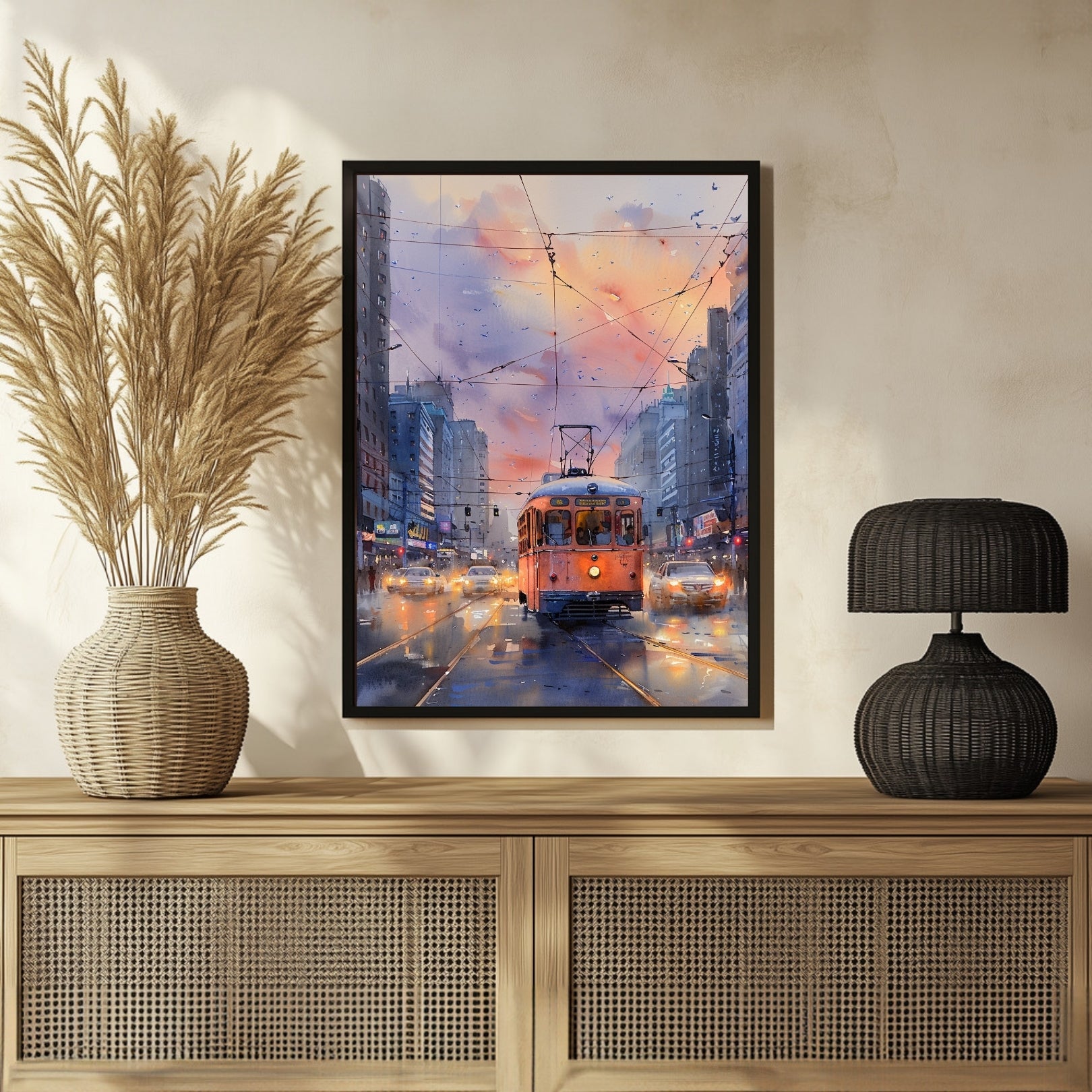 Retro City Tram Watercolor | Classic Urban Art - MeriDeewar 3 : 4 Vertical New Premium Wall Art Canvas by MeriDeewar