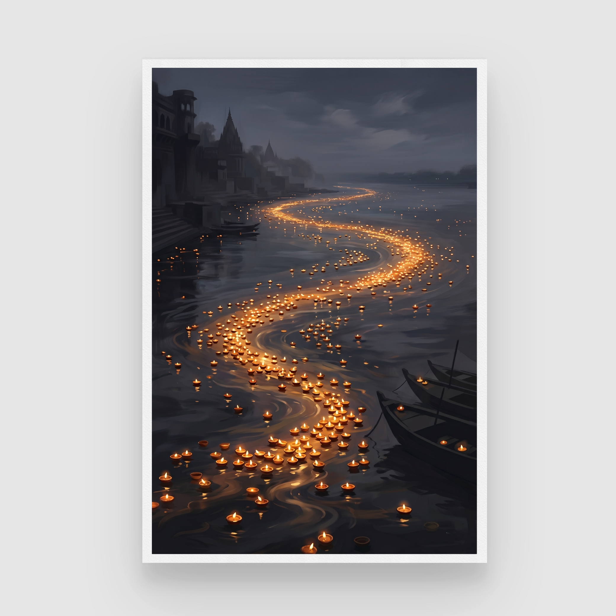 River of Light Floating Diyas Wall Art | Serene Ganges Night Oil Painting Print 2 : 3 Vertical Premium Wall Art Canvas by MeriDeewar