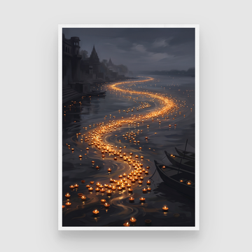River of Light Floating Diyas Wall Art | Serene Ganges Night Oil Painting Print 2 : 3 Vertical Premium Wall Art Canvas by MeriDeewar
