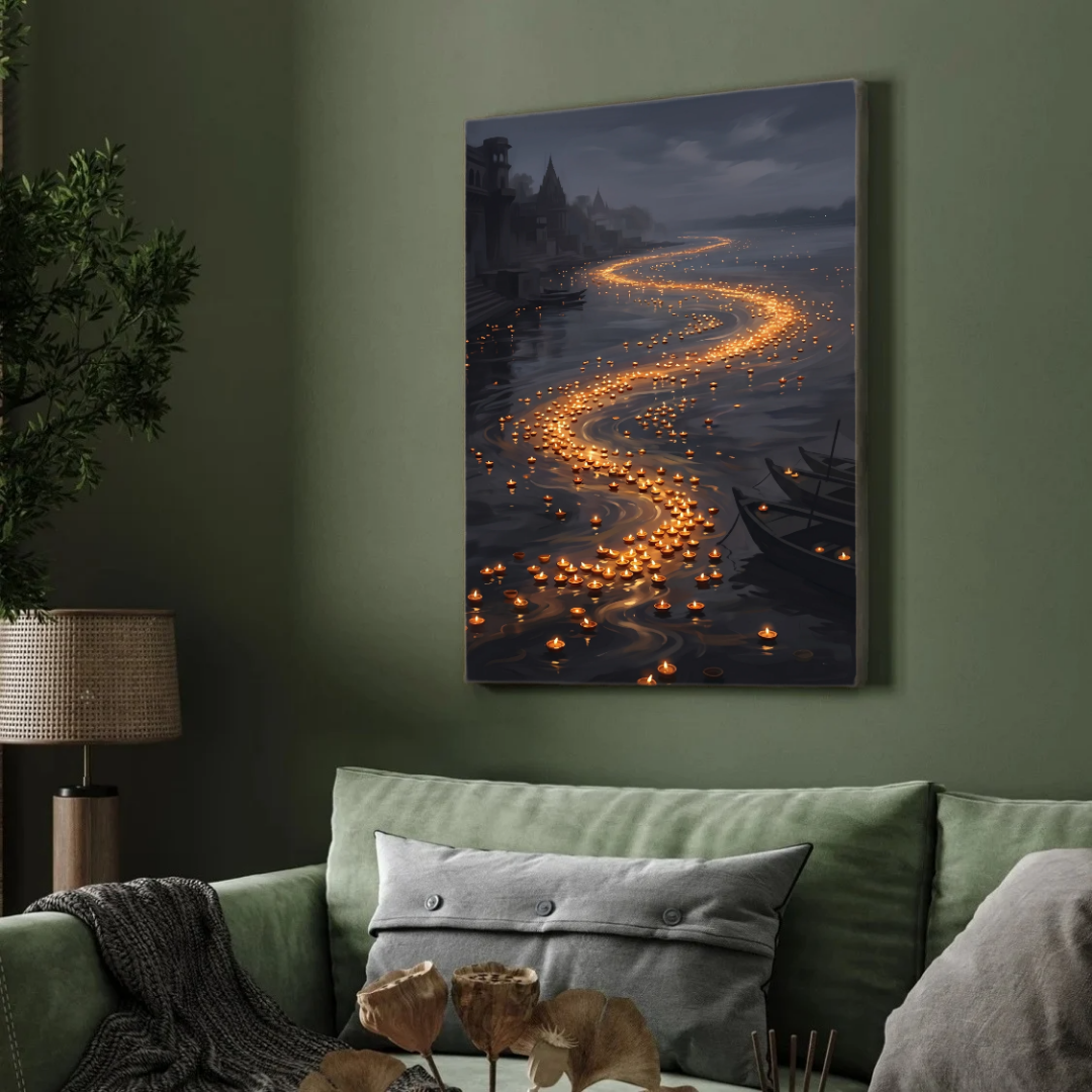 River of Light Floating Diyas Wall Art | Serene Ganges Night Oil Painting Print 2 : 3 Vertical Premium Wall Art Canvas by MeriDeewar
