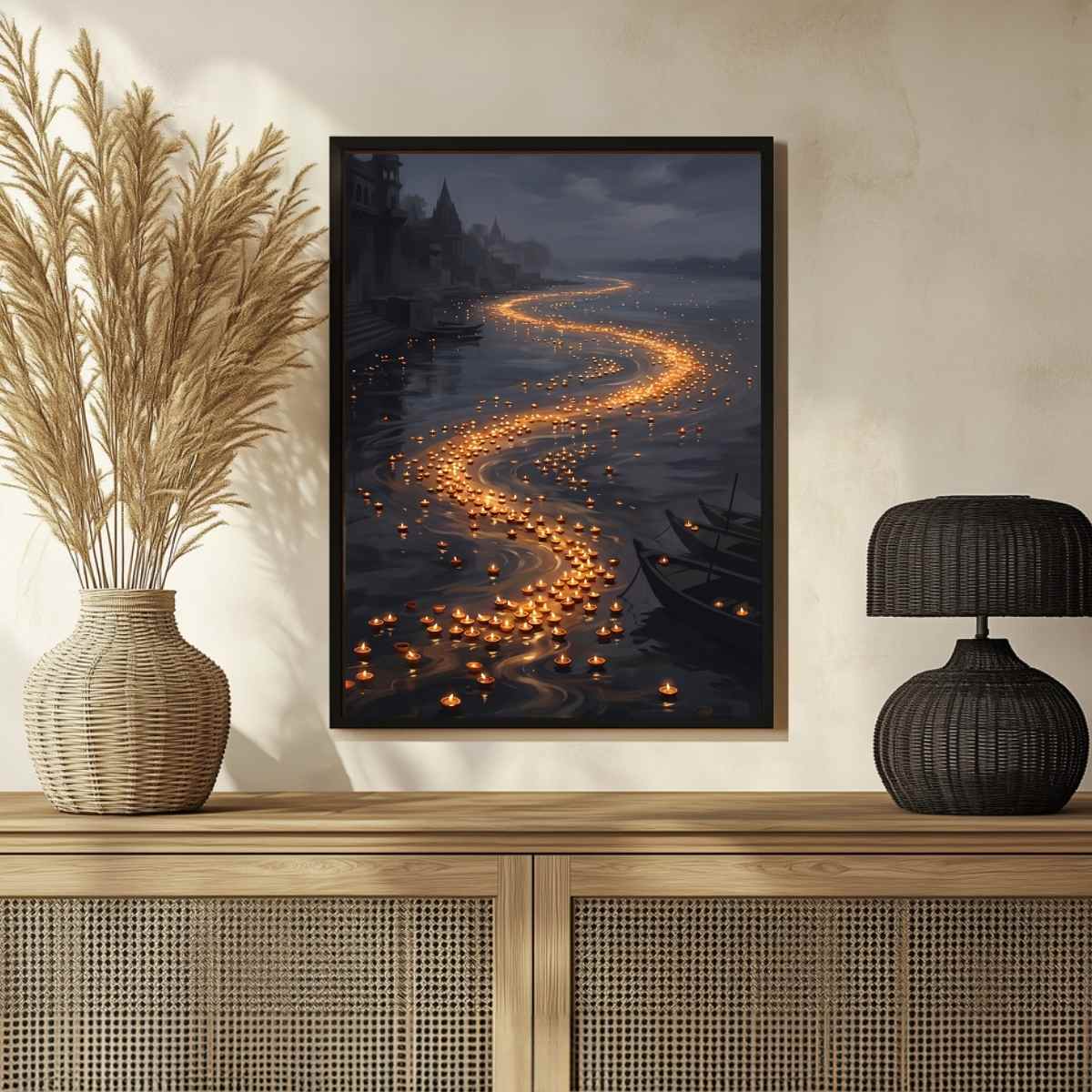 River of Light Floating Diyas Wall Art | Serene Ganges Night Oil Painting Print 2 : 3 Vertical Premium Wall Art Canvas by MeriDeewar