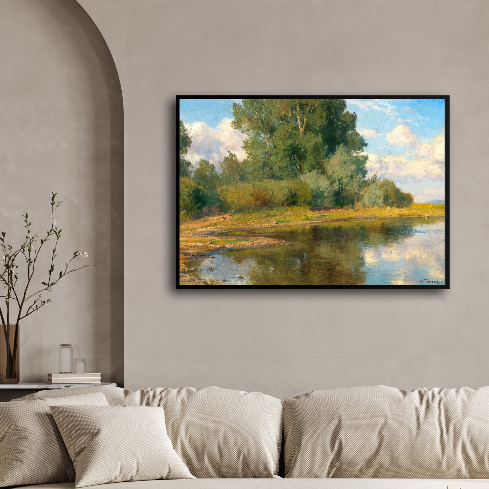 Riverside Serenity – Peaceful Landscape Wall Art 2 : 3 Horizontal Premium Wall Art Canvas by MeriDeewar