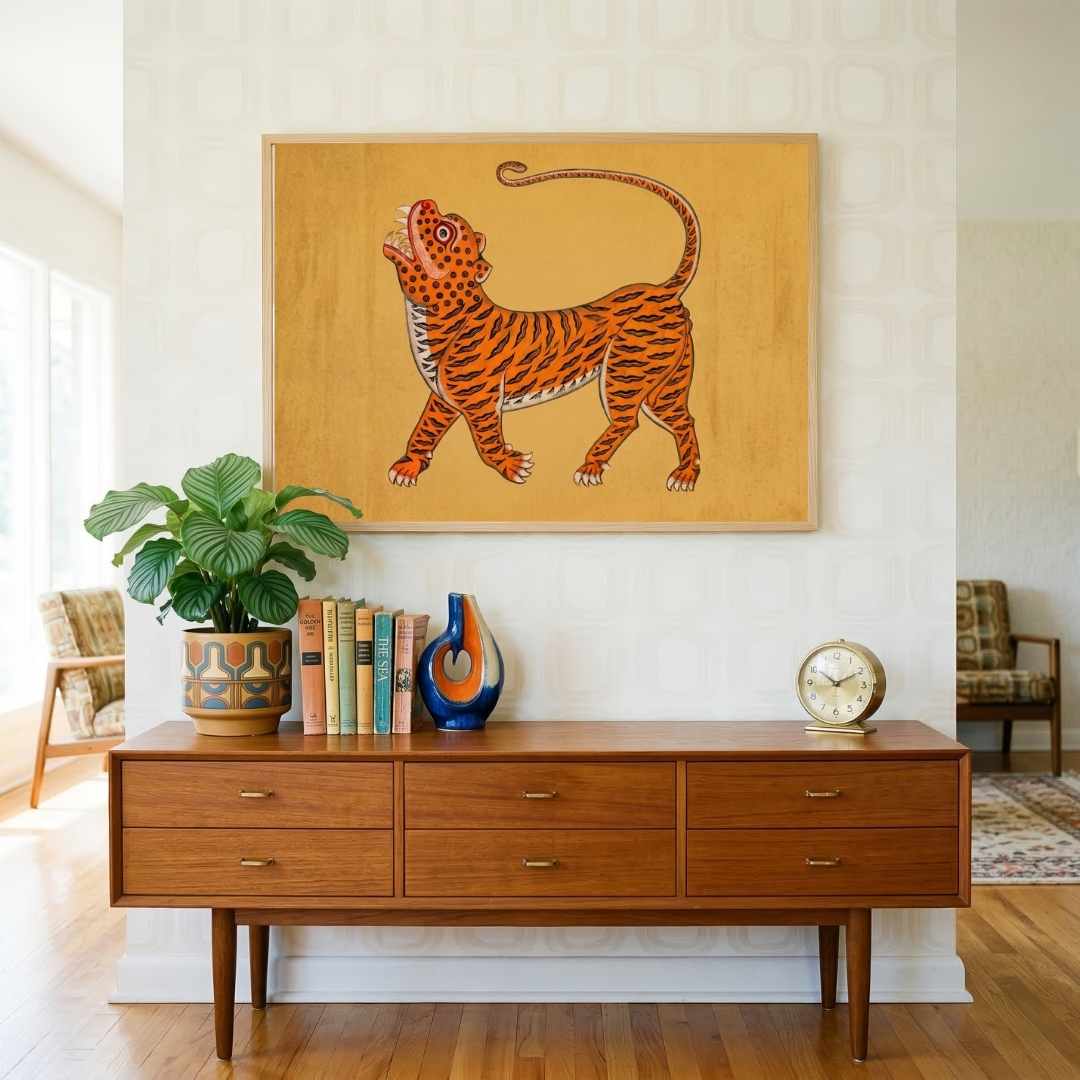 "Roaring Tiger on Ochre" Fine Art Giclée Print | Wildlife Wall Art 3 : 2 Horizontal Premium Wall Art Canvas by MeriDeewar