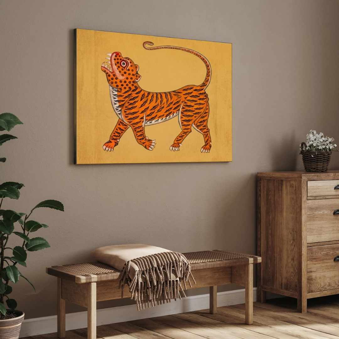 "Roaring Tiger on Ochre" Fine Art Giclée Print | Wildlife Wall Art 3 : 2 Horizontal Premium Wall Art Canvas by MeriDeewar
